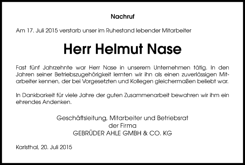  Traueranzeige für Helmut Nase vom 23.07.2015 aus Kölner Stadt-Anzeiger / Kölnische Rundschau / Express
