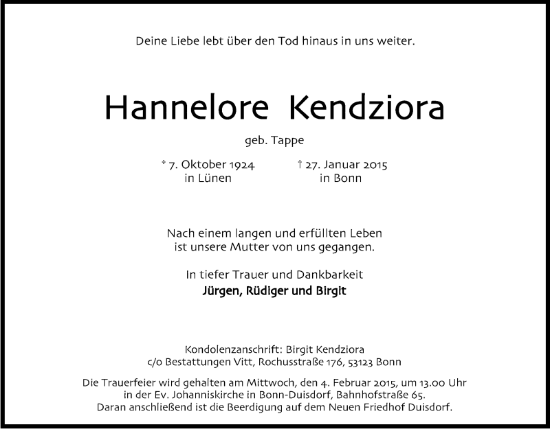  Traueranzeige für Hannelore Kendiziora vom 31.01.2015 aus Kölner Stadt-Anzeiger / Kölnische Rundschau / Express