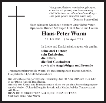 Anzeige von Hans-Peter Wurm von  Schaufenster/Blickpunkt 