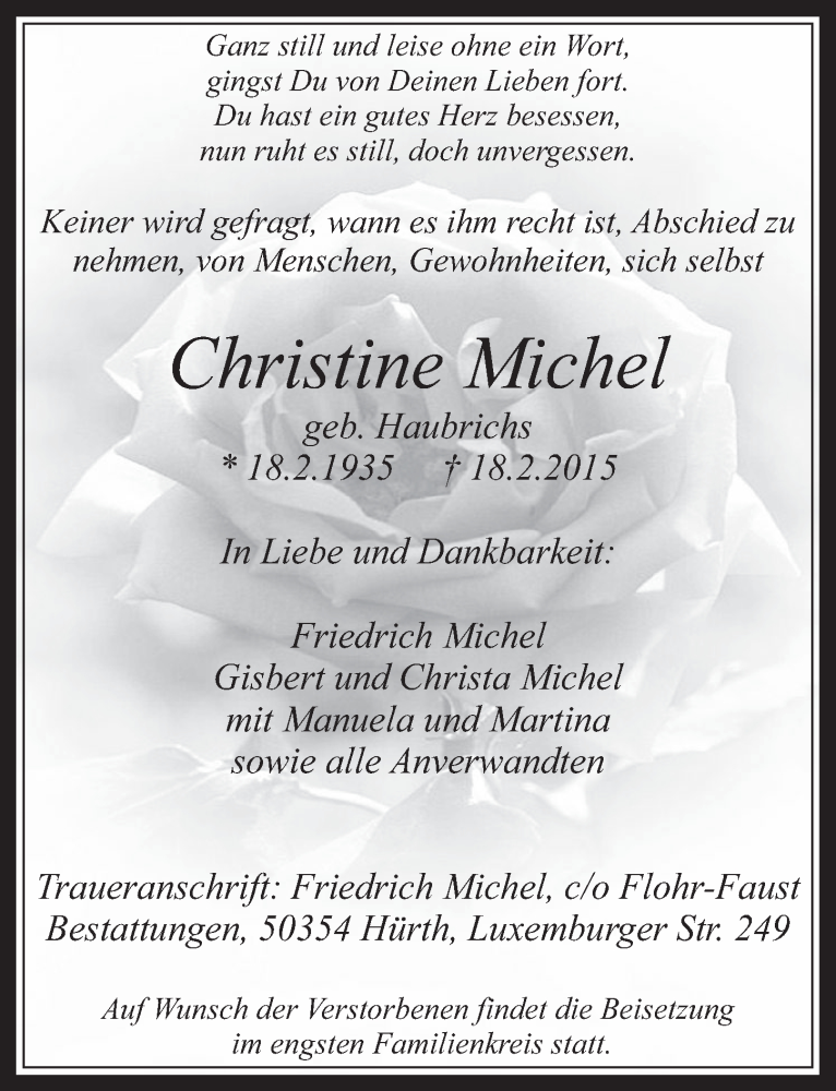  Traueranzeige für Christine Michel vom 25.02.2015 aus  Wochenende 