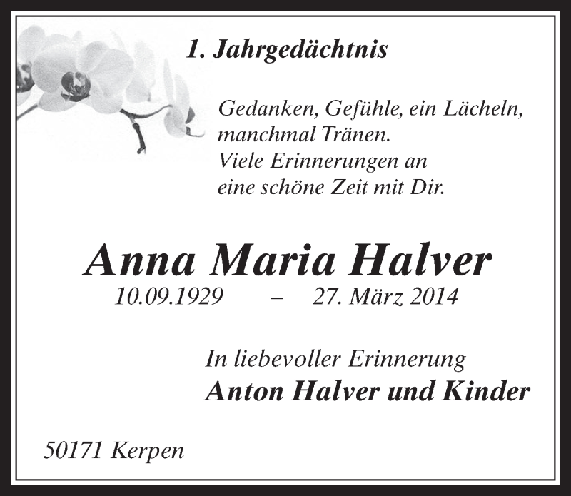  Traueranzeige für Anna Maria Halver vom 01.04.2015 aus  Werbepost 