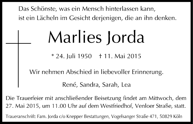  Traueranzeige für Marlies Jorda vom 16.05.2015 aus Kölner Stadt-Anzeiger / Kölnische Rundschau / Express
