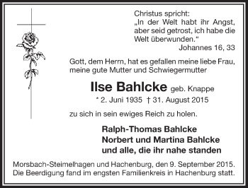 Anzeige von Ilse Bahlcke von  Lokalanzeiger 