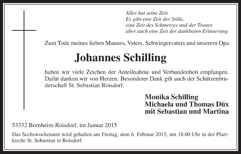  Traueranzeige für Johannes Schilling vom 21.01.2015 aus  Schaufenster/Blickpunkt 