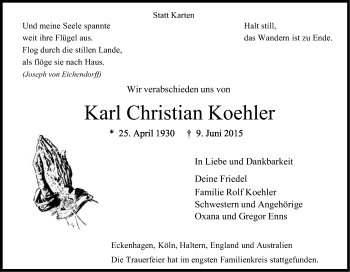 Anzeige von Karl Christian Koehler von Kölner Stadt-Anzeiger / Kölnische Rundschau / Express