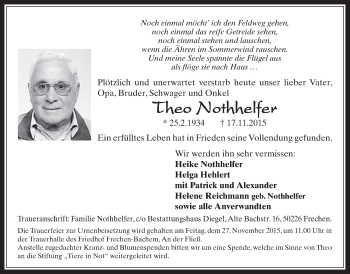Anzeige von Theo Nothhelfer von  Wochenende 