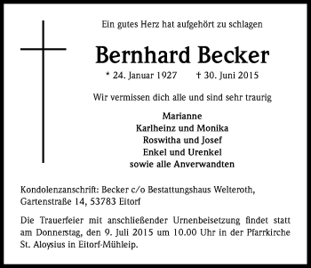 Anzeige von Bernhard Becker von Kölner Stadt-Anzeiger / Kölnische Rundschau / Express