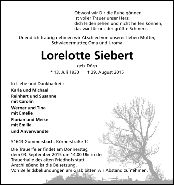 Anzeige von Lorelotte Siebert von Kölner Stadt-Anzeiger / Kölnische Rundschau / Express