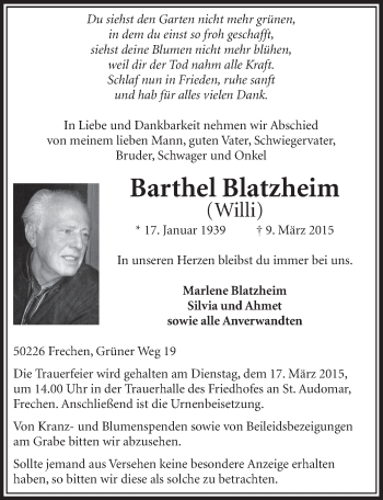 Anzeige von Barthel Blatzheim von  Sonntags-Post 