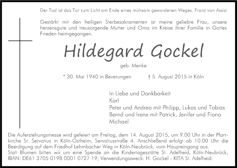  Traueranzeige für Hildegard Gockel vom 08.08.2015 aus Kölner Stadt-Anzeiger / Kölnische Rundschau / Express