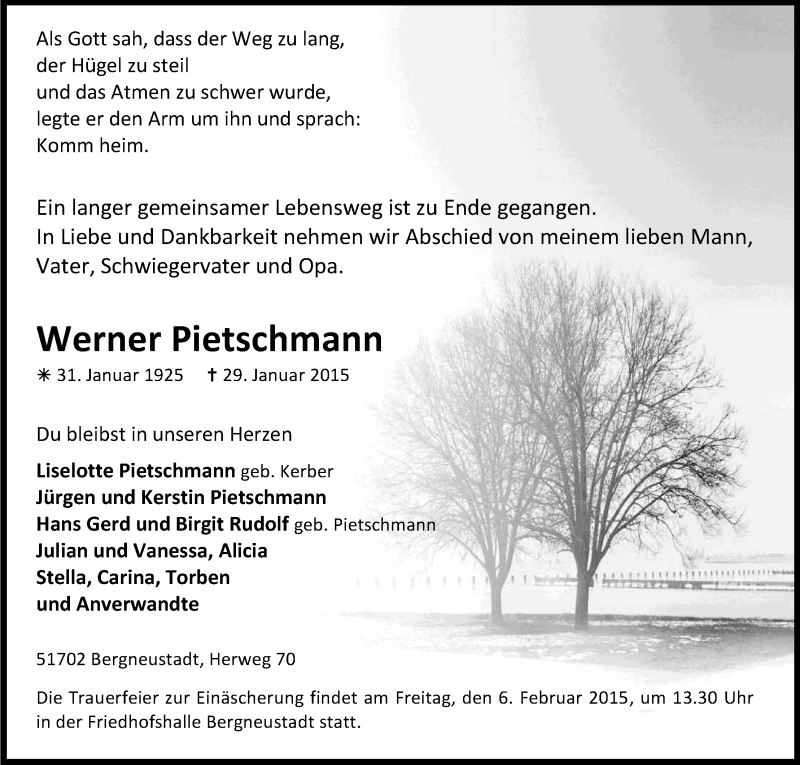  Traueranzeige für Werner Pietschmann vom 03.02.2015 aus Kölner Stadt-Anzeiger / Kölnische Rundschau / Express