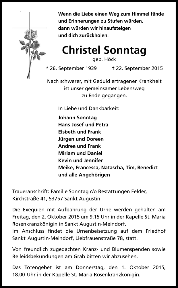  Traueranzeige für Christel Sonntag vom 26.09.2015 aus Kölner Stadt-Anzeiger / Kölnische Rundschau / Express