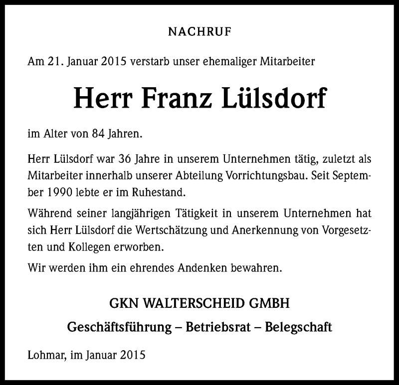  Traueranzeige für Franz Lülsdorf vom 30.01.2015 aus Kölner Stadt-Anzeiger / Kölnische Rundschau / Express