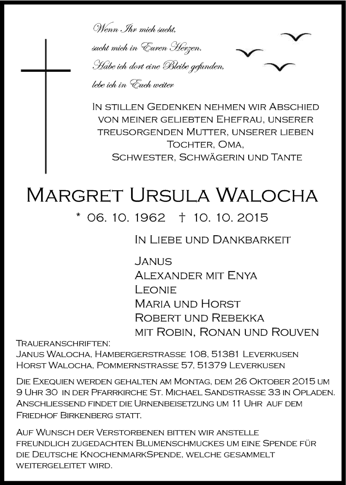  Traueranzeige für Margret Ursula Walocha vom 22.10.2015 aus Kölner Stadt-Anzeiger / Kölnische Rundschau / Express