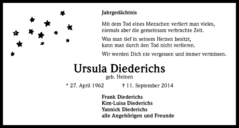  Traueranzeige für Ursula Diederichs vom 11.09.2015 aus Kölner Stadt-Anzeiger / Kölnische Rundschau / Express