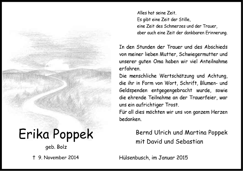  Traueranzeige für Erika Poppek vom 21.01.2015 aus Kölner Stadt-Anzeiger / Kölnische Rundschau / Express