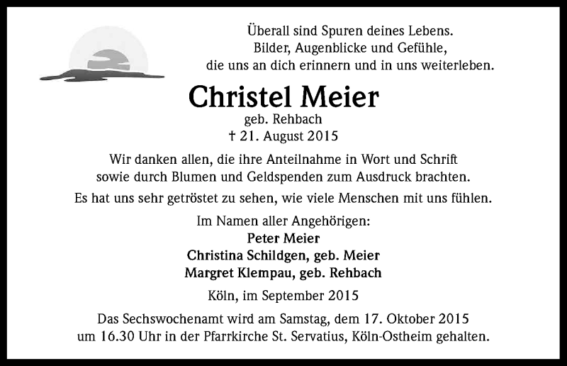  Traueranzeige für Christel Meier vom 12.09.2015 aus Kölner Stadt-Anzeiger / Kölnische Rundschau / Express