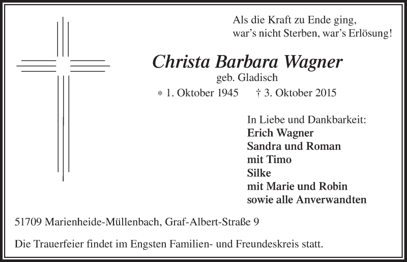  Traueranzeige für Christa Barbara Wagner vom 07.10.2015 aus  Anzeigen Echo 