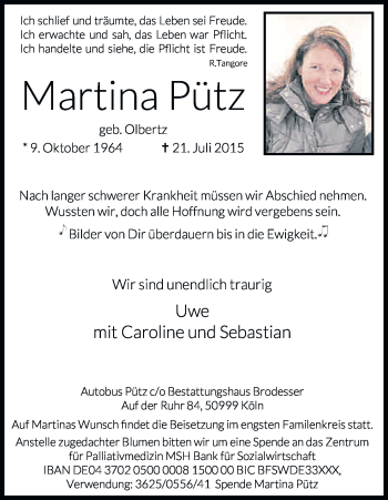 Anzeige von Martina Pütz von Kölner Stadt-Anzeiger / Kölnische Rundschau / Express