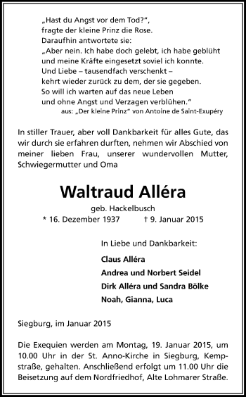 Anzeige von Waltraud Alléra von Kölner Stadt-Anzeiger / Kölnische Rundschau / Express