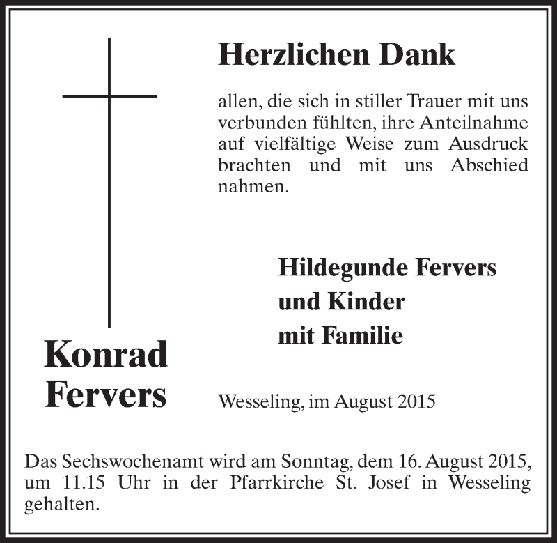  Traueranzeige für Konrad Fervers vom 05.08.2015 aus  Schlossbote/Werbekurier 