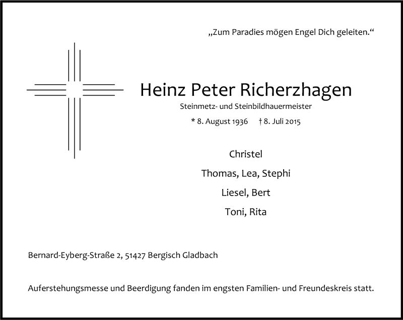 Traueranzeige für Heinz Peter Richerzhagen vom 16.07.2015 aus Kölner Stadt-Anzeiger / Kölnische Rundschau / Express
