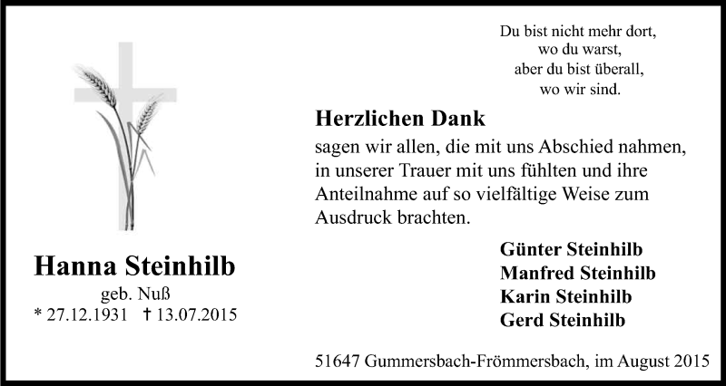  Traueranzeige für Hanna Steinhilb vom 29.08.2015 aus Kölner Stadt-Anzeiger / Kölnische Rundschau / Express
