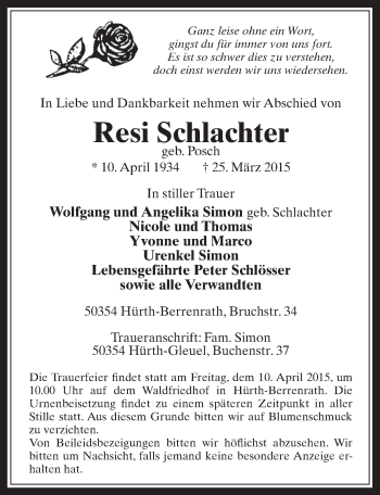 Anzeige von Resi Schlachter von  Wochenende 