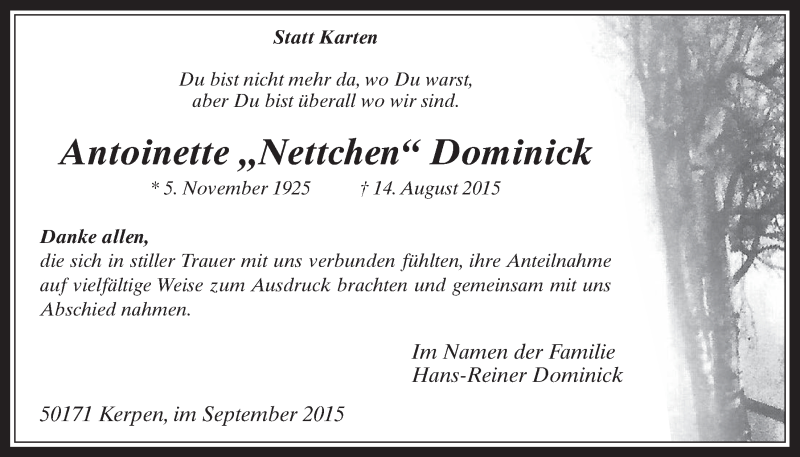  Traueranzeige für Antoinette  Dominick vom 30.09.2015 aus  Werbepost 