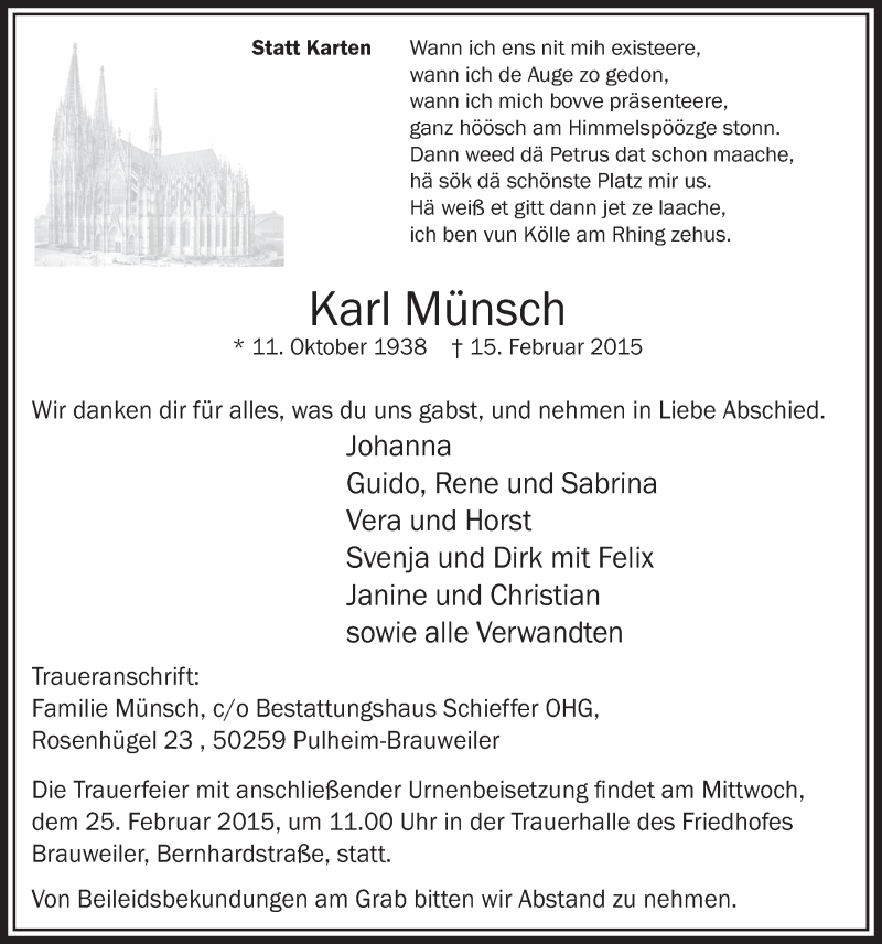  Traueranzeige für Karl Münsch vom 21.02.2015 aus  Sonntags-Post 