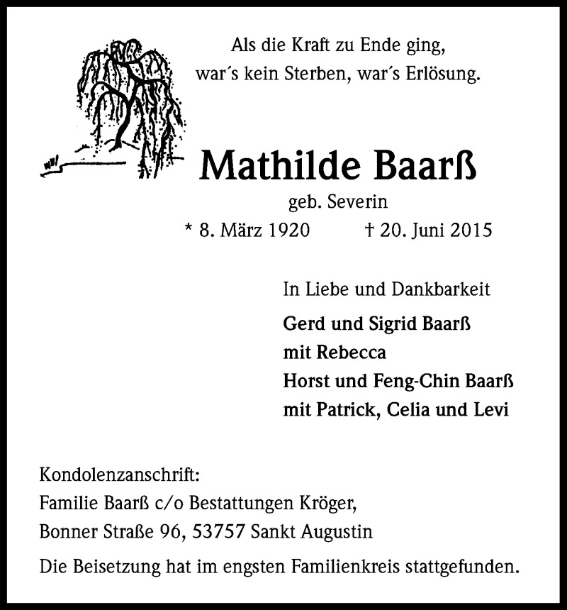  Traueranzeige für Mathilde Baarß vom 11.07.2015 aus Kölner Stadt-Anzeiger / Kölnische Rundschau / Express