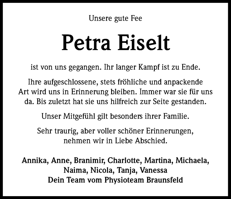  Traueranzeige für Petra Eiselt vom 24.10.2015 aus Kölner Stadt-Anzeiger / Kölnische Rundschau / Express