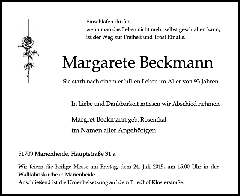  Traueranzeige für Margarete Beckmann vom 01.07.2015 aus Kölner Stadt-Anzeiger / Kölnische Rundschau / Express