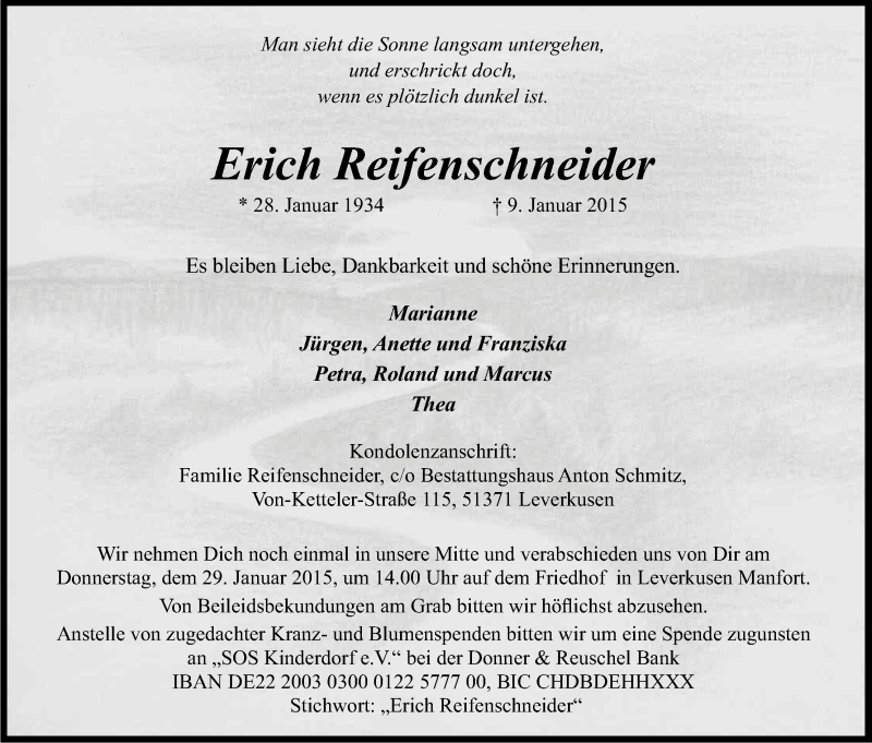  Traueranzeige für Erich Reifenschneider vom 17.01.2015 aus Kölner Stadt-Anzeiger / Kölnische Rundschau / Express