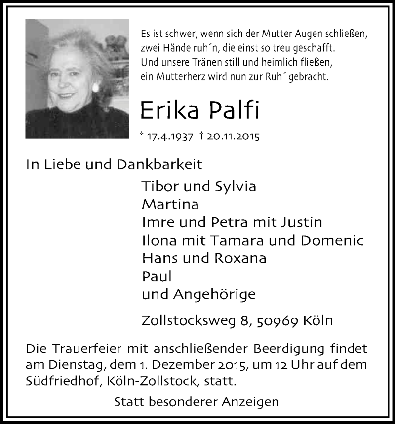  Traueranzeige für Erika Palfi vom 28.11.2015 aus Kölner Stadt-Anzeiger / Kölnische Rundschau / Express