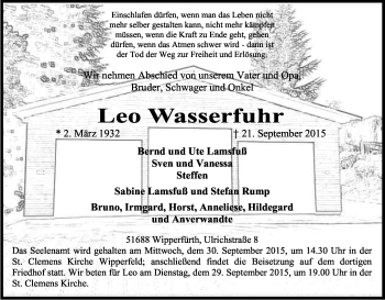 Anzeige von Leo Wasserfuhr von Kölner Stadt-Anzeiger / Kölnische Rundschau / Express