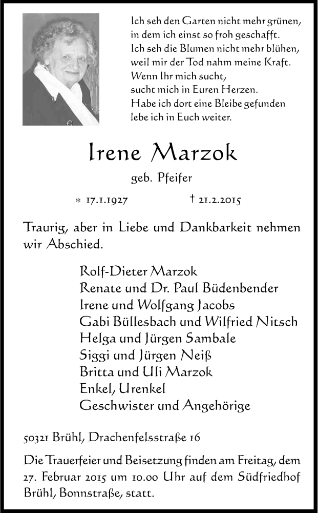  Traueranzeige für Irene Marzok vom 25.02.2015 aus Kölner Stadt-Anzeiger / Kölnische Rundschau / Express