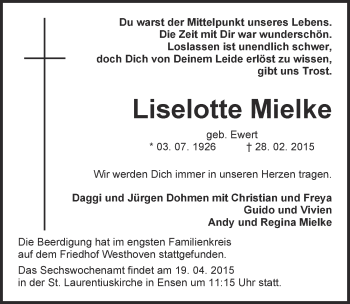 Anzeige von Liselotte Mielke von  Kölner Wochenspiegel 