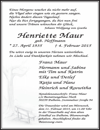 Anzeige von Henriette Maur von  Sonntags-Post 