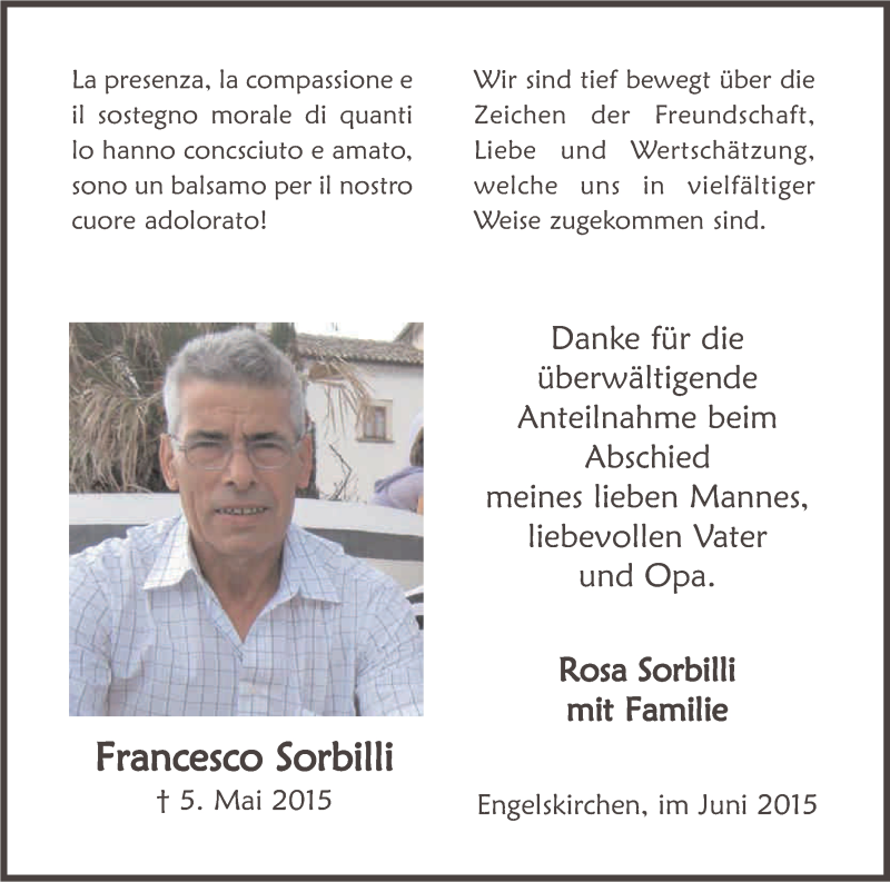 Traueranzeige für Francesco Sorbilli vom 13.06.2015 aus Kölner Stadt-Anzeiger / Kölnische Rundschau / Express