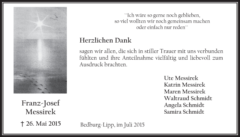  Traueranzeige für Franz-Josef Messirek vom 22.07.2015 aus  Werbepost 