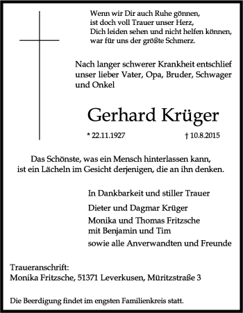 Anzeige von Gerhard Krüger von Kölner Stadt-Anzeiger / Kölnische Rundschau / Express
