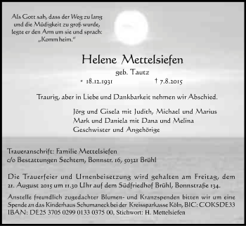 Anzeige von Helene Mettelsiefern von Kölner Stadt-Anzeiger / Kölnische Rundschau / Express