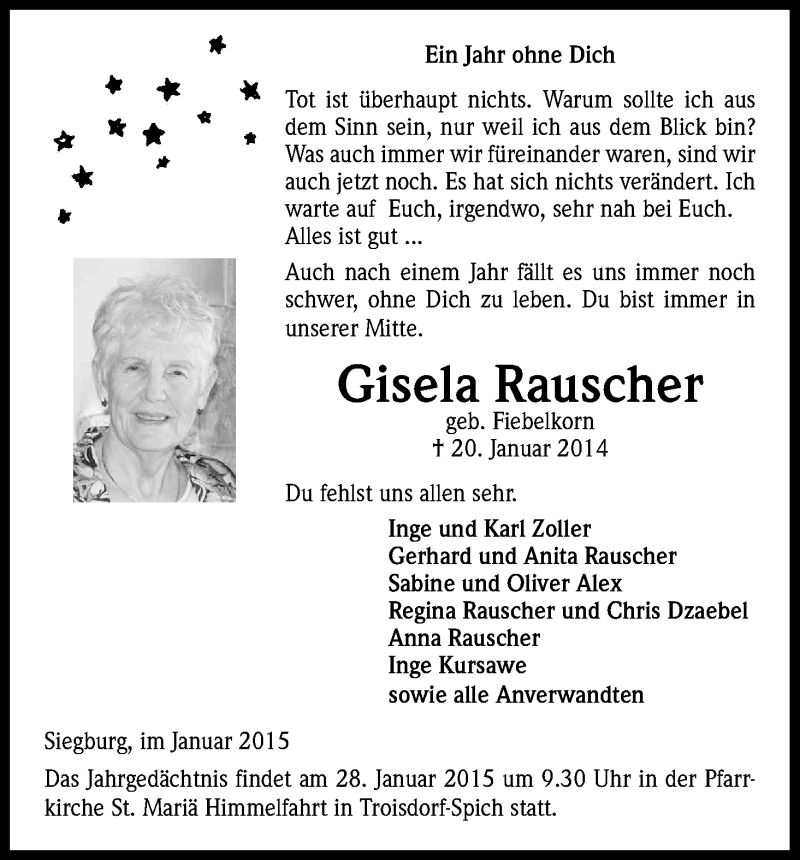  Traueranzeige für Gisela Rauscher vom 24.01.2015 aus Kölner Stadt-Anzeiger / Kölnische Rundschau / Express