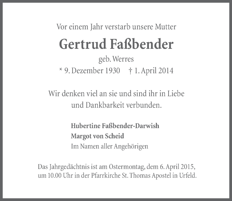  Traueranzeige für Gertrud Faßbender vom 01.04.2015 aus  Schlossbote/Werbekurier 