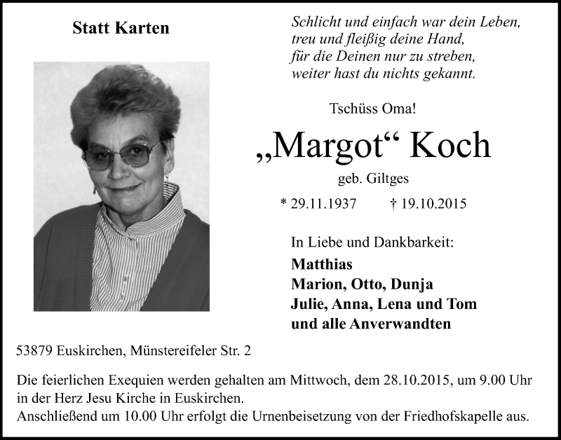  Traueranzeige für Margot Koch vom 25.10.2015 aus  Blickpunkt Euskirchen 