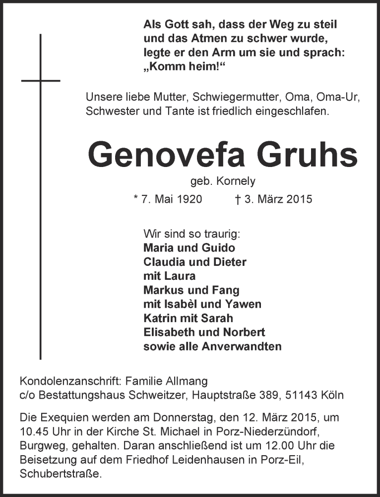  Traueranzeige für Genovefa Gruhs vom 11.03.2015 aus  Kölner Wochenspiegel 