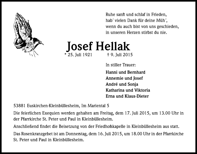  Traueranzeige für Josef Hellak vom 11.07.2015 aus Kölner Stadt-Anzeiger / Kölnische Rundschau / Express