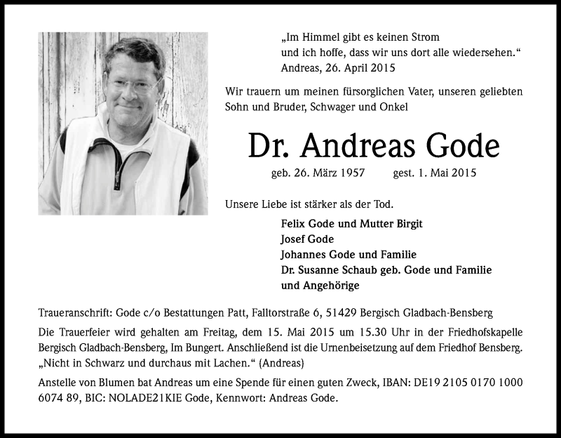  Traueranzeige für Andreas Gode vom 08.05.2015 aus Kölner Stadt-Anzeiger / Kölnische Rundschau / Express