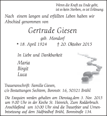 Anzeige von Gertrude  Giesen von  Schlossbote/Werbekurier 